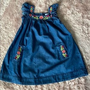 Denim Sleeveless Dress with Pockets and Flowers